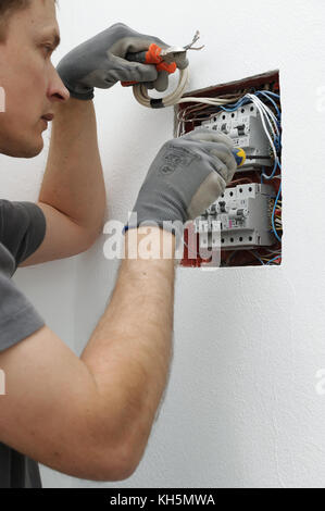 Der Elektriker ist die Einstellung der Leistungsschalter im Sicherungskasten. Stockfoto