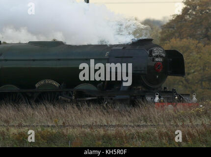 Peterborough, Großbritannien. 13 Nov, 2017. Dampf strömt aus dem Schornstein der Welt berühmten Flying Scotsman Dampflokomotive macht seinen Weg von Peterborough, Cambridgeshire, zurück in das National Railway Museum in York. Die Dampflok 60103 war vor kurzem genommen aber jetzt zurück in den normalen Dienst. Flying Scotsman Dampflokomotive in der Nähe von Peterborough, Cambridgeshire, am 13. November 2017. Credit: Paul Marriott/alamy leben Nachrichten Stockfoto