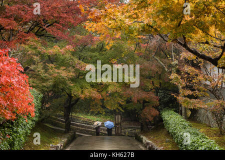 Kyoto, Japan, sep. 14, 2017: zwei Besucher der Nanzen-ji-Tempel in Kyoto holding Sonnenschirme trotz der Regen das bunte Herbstlaub im Tempel zu genießen, ein beliebtes Ziel für den Herbst im Bereich erreicht ihren Höhepunkt in einer Kaskade von Herbst Farben im mittleren bis späten November. Credit: Perry Svensson/alamy leben Nachrichten Stockfoto