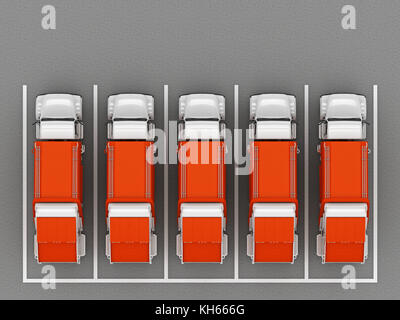 Müllwagen-Parkplatz von oben. 3D-Rendering Stockfoto