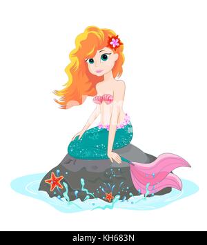 Schöne Meerjungfrau. Eine schöne Meerjungfrau auf einem Stein sitzt. Mermaid auf einem weißen Hintergrund. Stock Vektor