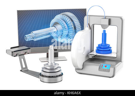 3d-scanner, 3d-Drucker und Computer Monitor, 3D-Rendering auf weißem Hintergrund Stockfoto