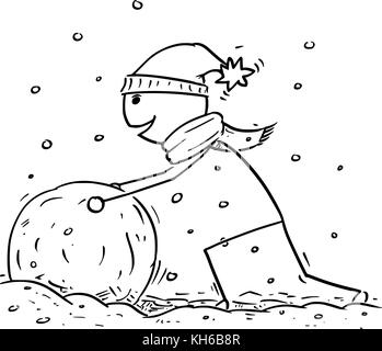 Cartoon stick Mann Zeichnung Abbildung: Mann, der großen Schneeball für Schneemann im Winter Schneefall. Stock Vektor