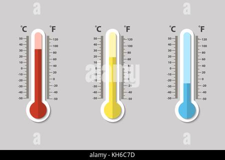 Vector Icons von Celsius und Fahrenheit Meteorologie Thermometer Wärme messen, normal und kalt im flachen Stil. design Vorlage in der Eps 10. Stock Vektor