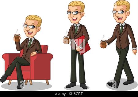 Eingestellt von blonde Geschäftsmann in braunen Anzug Cartoon Character Design machen eine Pause Entspannung mit der Holding bei Kaffee Tee. Stock Vektor