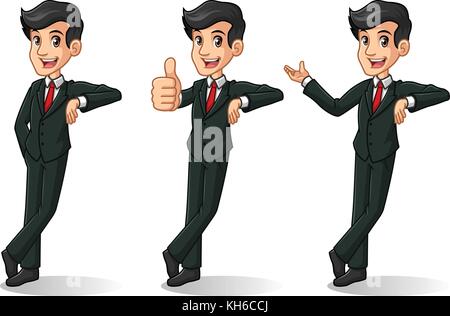 Der Geschäftsmann, der in schwarzen Anzug Cartoon Character Design gegen, vor weißem Hintergrund lehnend. Stock Vektor