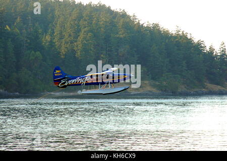 Ein kenmore Air Bayerische Flugzeugwerke Bf DHC-3 Turbine 'Otter' auf schwimmt, Abfahrt von Friday Harbor, WA auf dem letzten Flug des Tages. Stockfoto