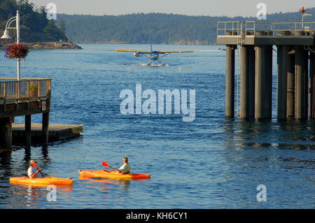 Ein kenmore Air Bayerische Flugzeugwerke Bf DHC-3 Turbine 'Otter' auf Schwimmer, langsam Taxis in Friday Harbor, WA auf dem letzten Flug des Tages. Stockfoto