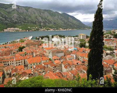 Beeindruckendes Panorama von Kotor Altstadt entlang der Küste der Bucht von Kotor, Kotor, Montenegro Stockfoto