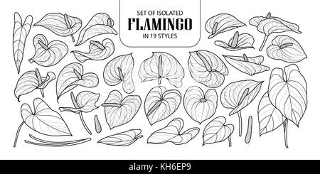 Eingestellt von isolierten Flamingo in 19 Stile. cute Hand gezeichnet Blume Vector Illustration in schwarzer Umriss und weißen Ebene auf weißem Hintergrund. Stock Vektor