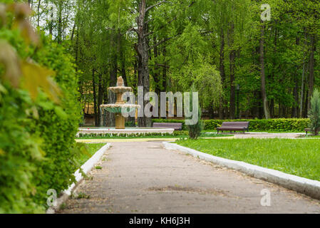 Schöne Aussicht mit einem Brunnen, Bäume, Sträucher und Pfade im Sommer Park Stockfoto