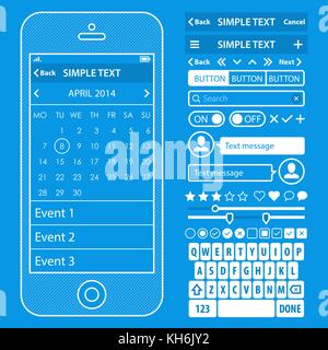 Elemente der Benutzeroberfläche Blaupause design vector Kit in trendigen Farben mit einfachen Mobiltelefon, Buttons, Forms, Windows und andere Elemente der Benutzeroberfläche. Kalender Geröll Stock Vektor