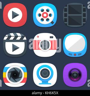 Einstellen von Kamera, Foto und Video mobile Symbole im flachen Design. vector Abbildung im EPS 10. Stock Vektor