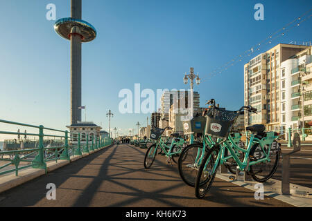 Herbst am Nachmittag direkt an der Meeresküste von Brighton, East Sussex, England. i360 Tower in der Ferne. Stockfoto