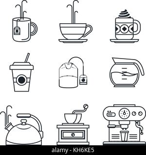 Schwarz lineart Icon Set. Kaffee, Tee, Tasse und Geräte. vector Abbildung im EPS 10. Stock Vektor