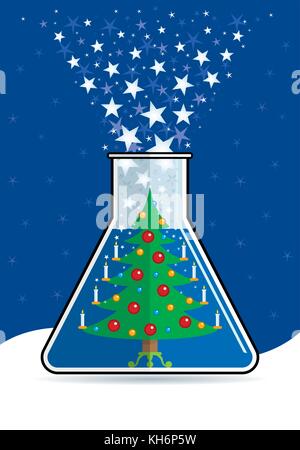 Weihnachtsbaum mit brennenden Kerzen in einem meßkolben Auswerfen weiße Sterne auf blauem Hintergrund eingerichtet. Vektor Bild Stock Vektor