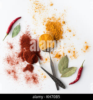 Löffel mit Paprika und Curry Stockfoto