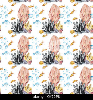 Nahtlose Muster der roten Korallen aquarell Abbildung. Hand gezeichnete Skizze für Design. Unterwasser Aquarell Hintergrund Abbildung. Stockfoto