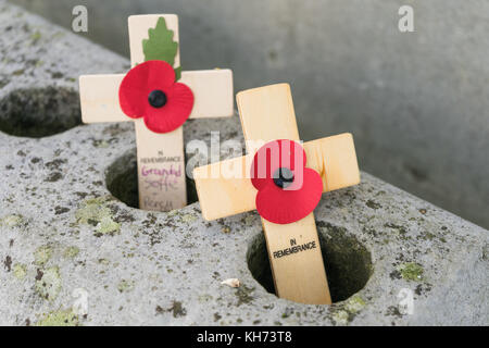 Zwei Holzkreuze mit roter Mohn am Tag der Erinnerung Gedenkfeier am Ehrenmal in Southampton, Hampshire, Großbritannien Stockfoto