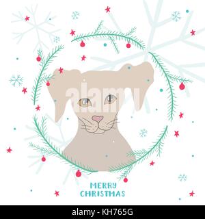 Weihnachtskarte mit niedlichen Hund, runden Rahmen von Dekorierten Zweige von Nadelgehölzen, Sternen und Schneeflocken Stock Vektor
