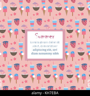 Sommer nahtlose Muster mit Trinken, Kokos, Eis und Erdbeere. cute Hintergrund, Sommer Früchte. Vector Illustration.eps 10. Stockfoto