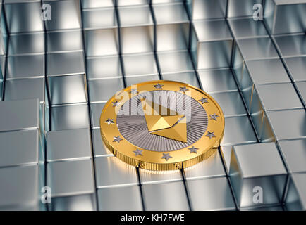 Des astraleums Münze auf Silber Würfel - 3D-Rendering Stockfoto