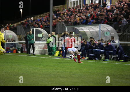 Bangor, Wales. 14. November 2017. Wales u21 vs Rumänien u21 in Bangor University Stadium in der Gruppe 8 Qualifikation für die UEFA EURO u21 im Jahr 2019. Quelle: dafydd Owen/alamy leben Nachrichten Stockfoto