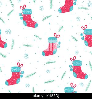 Weihnachten nahtlose Muster mit Socken, Zweige von Nadelgehölzen und Schneeflocken Stock Vektor