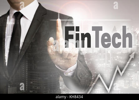 Fintech wird durch Geschäftsmann Konzept gezeigt. Stockfoto