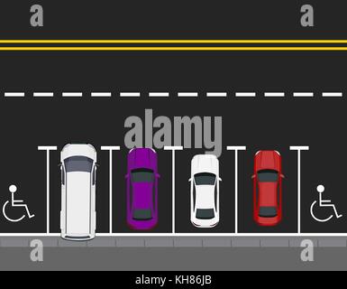 Farbige geparkte Autos von der Straße geparkt, Ansicht von oben. zwei freie Plätze. Hintergrund für Web Design oder Drucken. Abbildung Stock Vektor