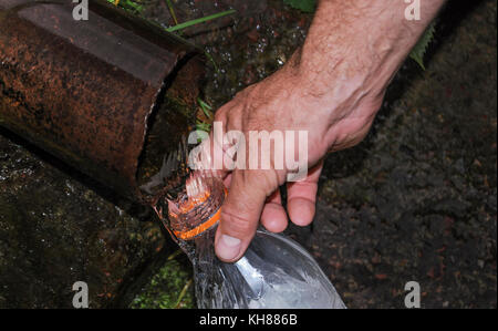 Die Hand eines Mannes hält eine Flasche und gießt Wasser aus einer natürlichen Quelle Stockfoto