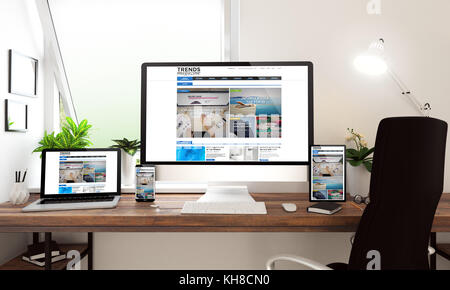 3D-Rendering von Computer, Notebook, Tablet-PC und Smartphone zeigt moderne Web blog Design Stockfoto