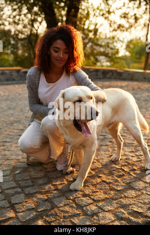Junge hübsche afrikanische Dame in Freizeitkleidung Bügeleisen und umarmen Hund während der Sitzung in Park Stockfoto