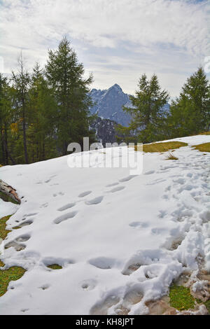 Der Blick vom Monte Lussari in Friaul-Julisch Venetien im Nordosten Italiens im späten September. Der erste Schnee gefallen, aber nicht genug, um die Ski s öffnen Stockfoto