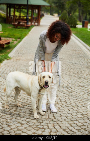 Lustige gesunde afrikanische Dame am Morgen mit ihrem Hund im Park am Morgen Stockfoto