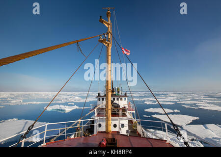 Schiff unter Treibeis/Eisschollen im Arktischen Ozean, nordaustlandet/North East Land, Svalbard/Spitzbergen, Norwegen Stockfoto