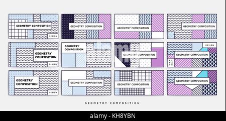 Farbenfrohe trend neo Memphis geometrische horizontale Muster set mit hellen Fett Blöcke der Farbe Zig Zags nebeneinander, Kringeln. design Hintergrund, Compo Stock Vektor