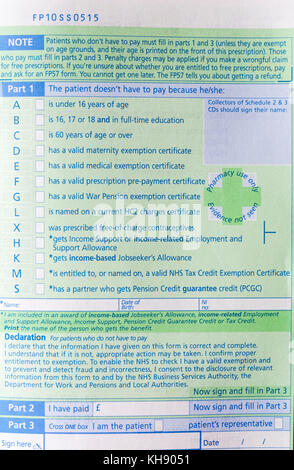 NHS Rezept form FP10 SS angezeigt Optionen, bei denen der Patient nicht zu zahlen haben, weil Stockfoto