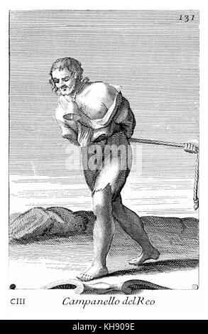 Cambanello del Reo-Kriminelle mit Glocke um den Hals gehängt. Abbildung von Filippo Bonanni's 'Gabinetto Armonico" im Jahre 1723 veröffentlicht, Abbildung 103. Stockfoto