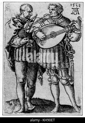 Viol und laute Spieler (1538). Gravuren aus dem 'Hochzeitstanzer' Serie von Heinrich Aldegrever. HA: Deutsche Maler und Kupferstecher, 1502 - 1555 oder 1561. Stockfoto