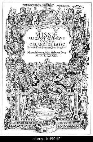 Titel - Seite 5 - Teil Massen, zweiter Teil von Orlando di Lasso" Patrocinium Musices", München, 1589. Adam Berg. Holzschnitt von Johannes Nell. Im unteren Raum: das Bild eines Orchesters von neun Instrumentalisten und 5 Sängerinnen und Sänger. Franko-flämischen Komponisten 1532 (evtl. 1530) - 14. Juni 1594. Stockfoto