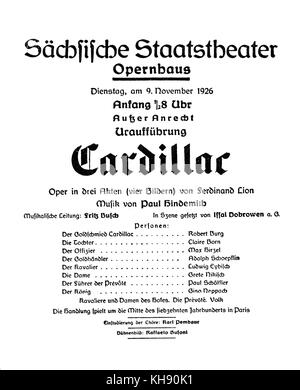 Paul Hindemiths "cardillac" - Theater Tickets für die Premiere in Dresden, 1926. Deutscher Violinist, Bratschist, Komponist, Lehrer und Dirigent, 16. November 1895 bis 28. Dezember 1963. Stockfoto