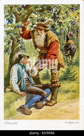 Rübezahl - eine Deutsche woodwose oder Berg Geist des Riesengebirges (auf der Bohemian-Silesian Grenze). Illustration von F. Elßner. Beschriftung auf der Rückseite lautet: "rübezahl als Jäger verkleidet, gab ein alter Mann, Pflaumen, und führten ihn auf seinem Pferd zu seiner Hütte, wo im Auftrag von rübezahl der alte Mann die Steine gepflanzt und geerntet, so viele leckere Pflaumen, dass er reich geworden." ("rübezahl Drucken als Jäger verkleidet einem alten Manne Pflaumen, führt ihn in seinem Roß / dessen Hütte, der nicht alte Kerne in Rübezahls Geheiß pflanzte und Sterben so viel köstliche Pflaumen erntete, dass er reich wurde.") Stockfoto