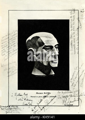 Büste von Maurice Ravel von Léon Leyritz. Aus dem Programm des Festivals Ravel, 24. August 1930. Mit den Unterschriften von Claude Farrère, Gabriel Astruc, Maurice Ravel, Jacques Thibaud, Emile Vuillermoz, Ph. Gaubert, R. Casadesus und Lucienne Lamballe. Herr: der französische Komponist, 17. März 1875 - 28. Dezember 1937. LL: französischer Bildhauer, 1888 - 1976. Stockfoto