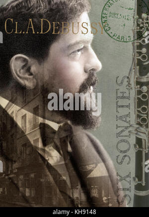 Achille-Claude Debussy - Porträt des französischen Komponisten. 22 August 1862 - 25. März 1918. Fotografie von Nadar, französischer Fotograf, Karikaturist, Journalist, Schriftsteller und Ballonfahrer, 1. April 1820 - vom 23. März 1910. Stockfoto