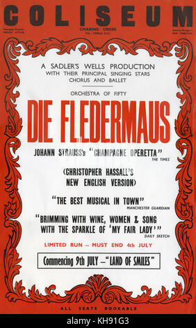 Die Fledermaus - Oper von Johann Strauss II. Plakat für Sadler's Gut's Opera Produktion in London Coliseum, vom 16. April 1958. Original Libretto von Richard Genée und C. Haffner. Neue Englische Version von Christopher Hassall. Von Vilem Tausky durchgeführt. Von Wendy Toye produziert. Entwürfe von James Bailey. JS: Der oesterreichische Komponist, Dirigent und Violinist, 25. Oktober 1825 - vom 3. Juni 1899. Stockfoto