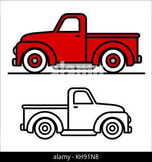 Zwei Cartoon-Vintage-Pickup-Truck-Umrisse, eine rote und eine schwarze und weiße, in Seitenansicht, Vektorgrafiken Stock Vektor