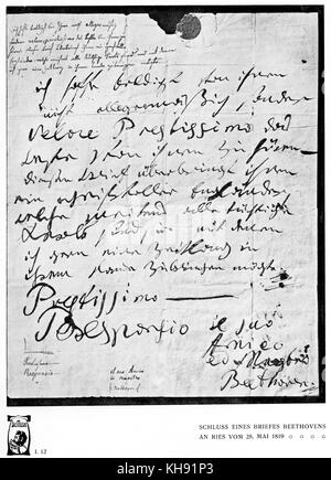 Ludwig van Beethovens Brief an Ferdinand Ries vom 25. Mai 1819. Ende schreiben. LVB: Deutscher Komponist, 17. Dezember 1770 - vom 26. März 1827. FR: Deutsche Komponisten, wie Beethovens Sekretär und Kopist gearbeitet. getauft 28 November 1784 - 13. Januar 1838. Stockfoto