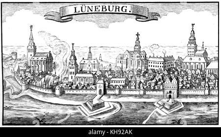 Lüneburg, Deutschland. Johann Sebastian Bach, deutscher Komponist & Organist, zog nach Luneberg März 1700. Bach: 21. März 1685 - 28. Juli 1750.  Türme der Kirche. Querformat. Stockfoto