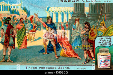 Saffò: Oper von Giovanni Pacini. Faone denunzieren Saffo für die Bevorzugung der Dichter Alceo zu sich selber. Der Priester Alcandro Faone des Verrats Sappho ist als ein Akt der Rache für ihren Protest wieder die Leucadian Sprung überzeugt hat. Sie glaubt, dass Apollo speichern sollten diejenigen, die springen. Oper uraufgeführt am Teatro San Carlo in Neapel, am 29. November 1840. Libretto von Salvadore Cammarano, basierend auf einem Theaterstück von Franz Grillparzer, der Legende nach der antiken griechischen Dichterin Sappho. Abbildung auf Liebig Collectible card. 1921. GP: Italienischer Komponist, 17. Februar 1796 - vom 6. Dezember 1867. Stockfoto